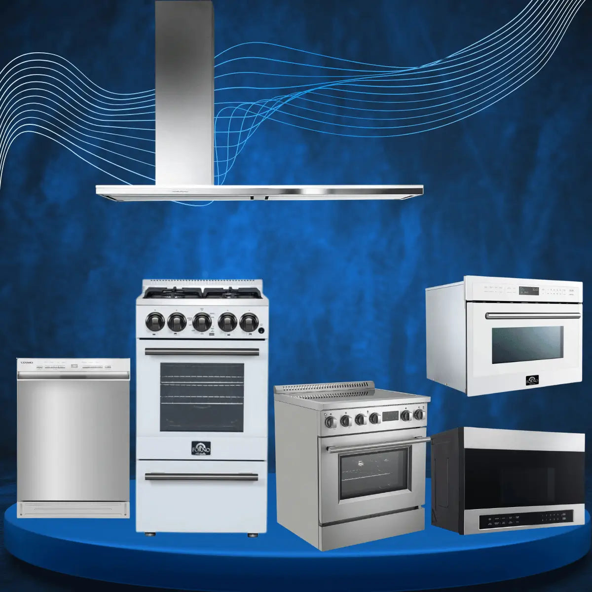 Kitchen appliances collection featuring gas ranges, wall oven, microwaves, dishwasher, and stainless steel range hood in a modern kitchen display setup.