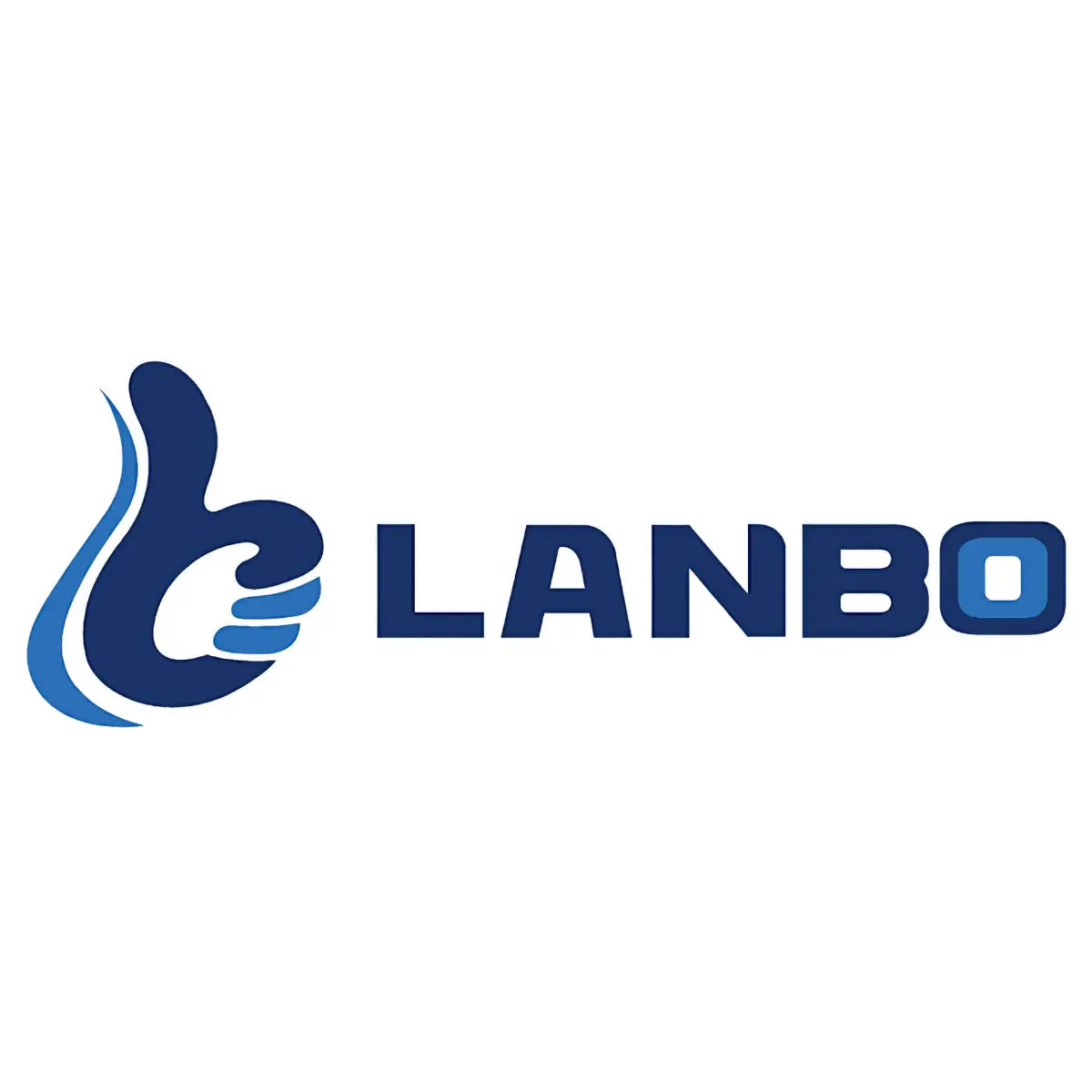 Lanbo logo with blue thumbs-up wave icon beside bold uppercase LANBO text on a light gray background.