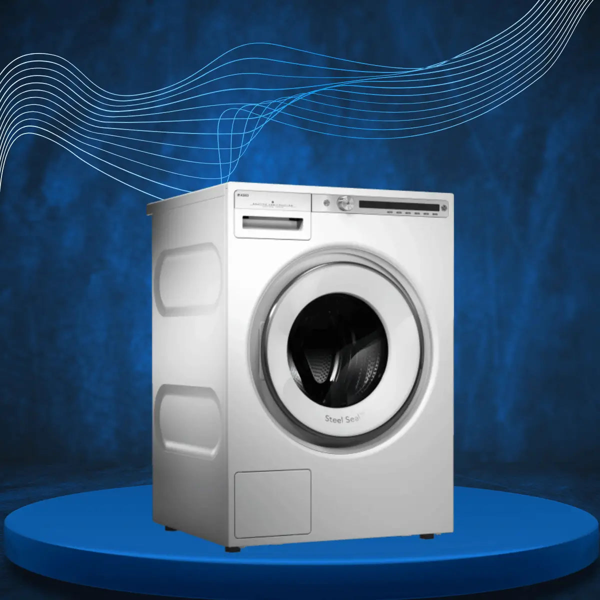 Laundry appliances collection featuring modern front-load washing machine with digital controls and large glass door in white finish for efficient home laundry solutions.