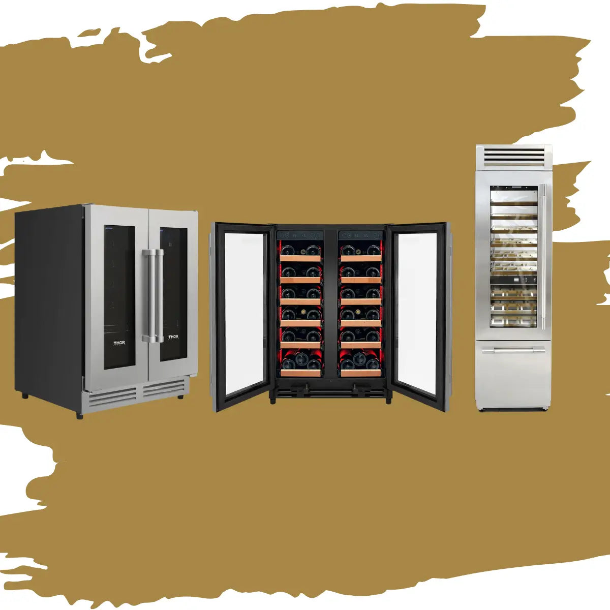 Left and right hinge wine coolers collection featuring stainless steel and wood-panel wine refrigerators with glass and solid doors, adjustable shelving, and flexible door swing options for built-in or freestanding installation.