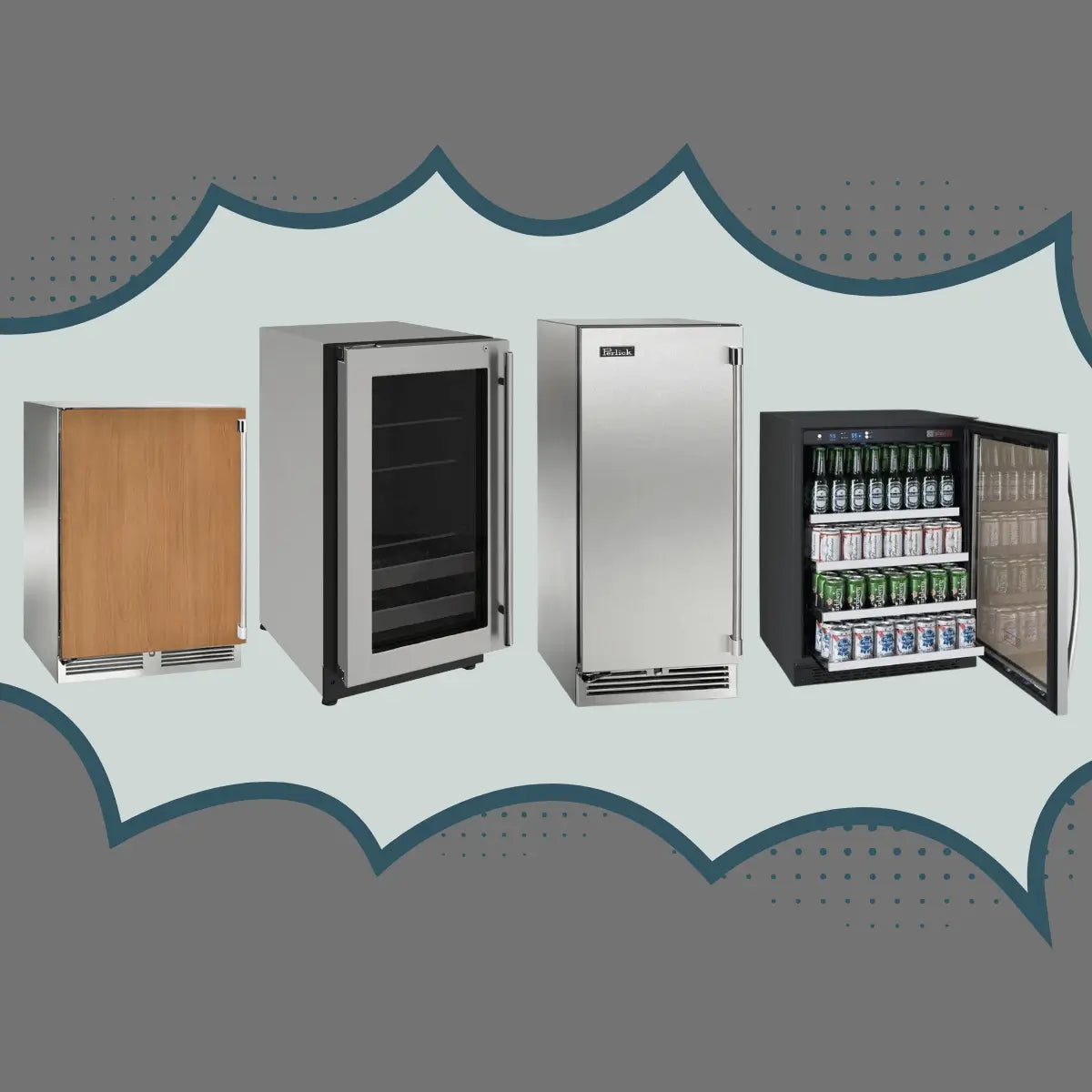 Left hinge beverage centers collection featuring panel-ready, stainless steel, and glass-door compact drink refrigerators with left-swing doors for built-in kitchen and bar installations.