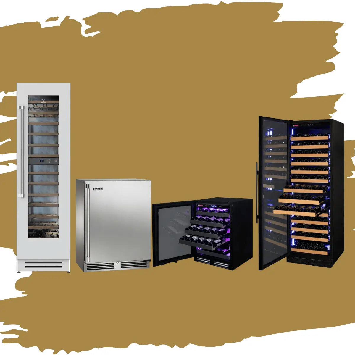 Left hinge wine coolers collection featuring stainless steel and wood-panel wine refrigerators with left-side door swing, glass and solid doors, adjustable shelves, interior lighting, and built-in or undercounter designs for home wine storage.