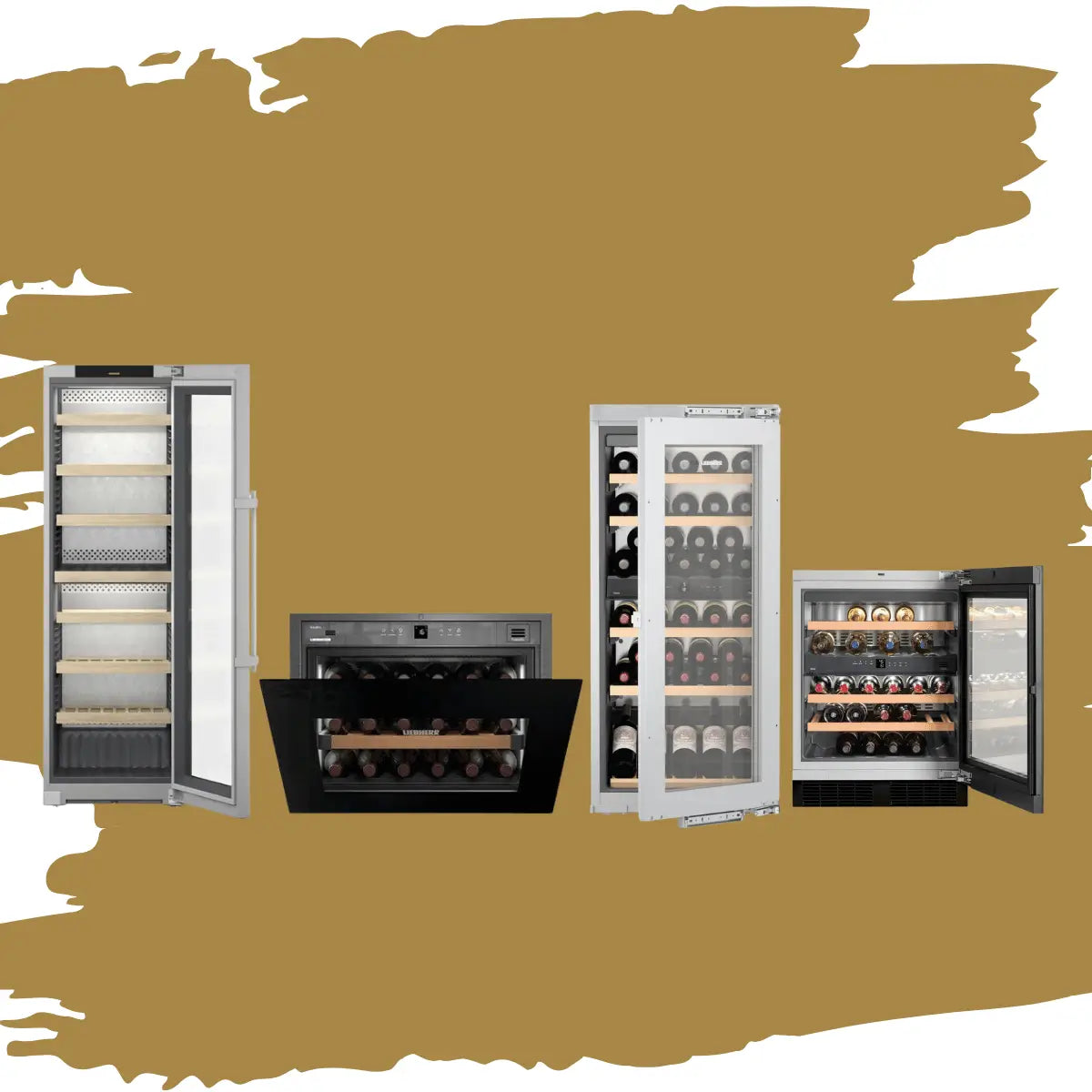 Liebherr wine coolers collection featuring built-in and undercounter wine refrigerators with glass doors, wooden shelves, adjustable racks, and premium temperature-controlled storage for home wine collections.