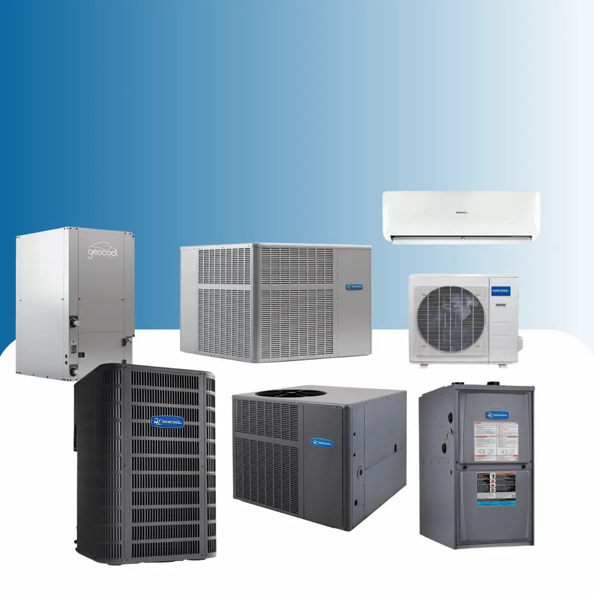 MRCOOL mini splits, air conditioning systems, geothermal HVAC units, and residential heating and cooling equipment collection displayed against a blue background
