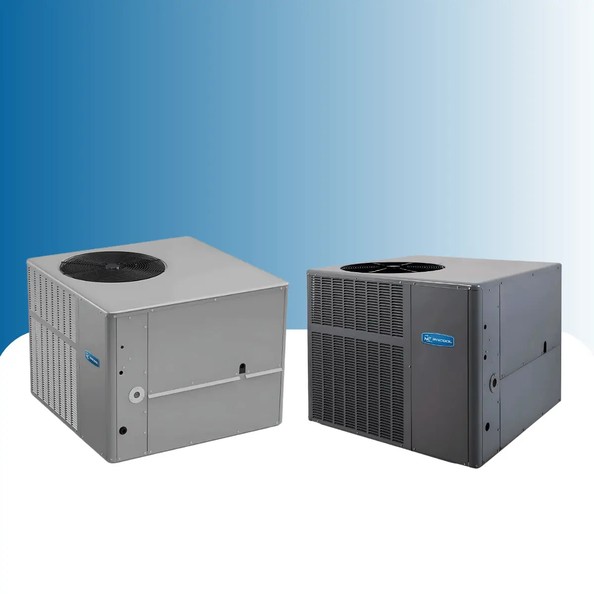 MRCOOL air conditioners collection featuring two outdoor AC condenser units with metal ventilation grilles and top-mounted cooling fans