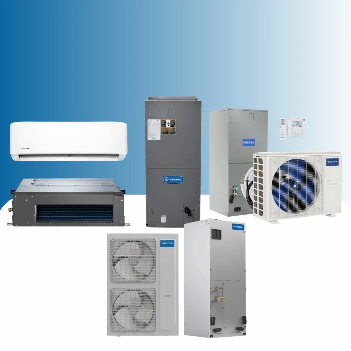 MRCOOL air handlers collection featuring ducted air handler units, mini split indoor units, outdoor condensers, and smart HVAC climate control systems