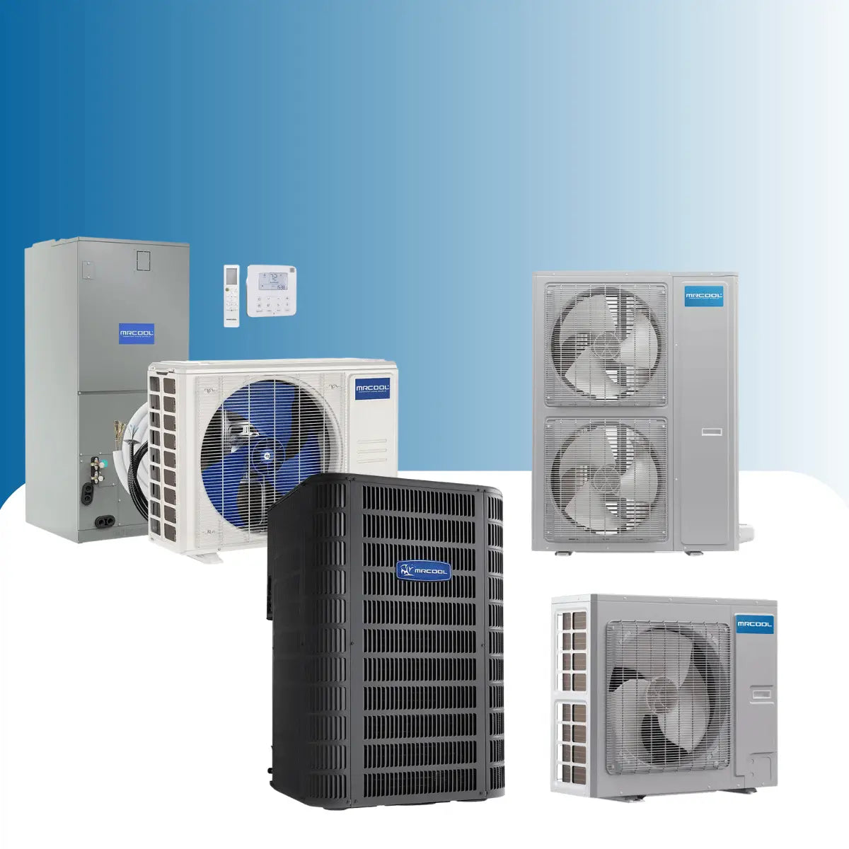 MRCOOL condensers collection featuring outdoor AC condenser units, mini split systems, air handler, and smart thermostat controls for residential HVAC systems