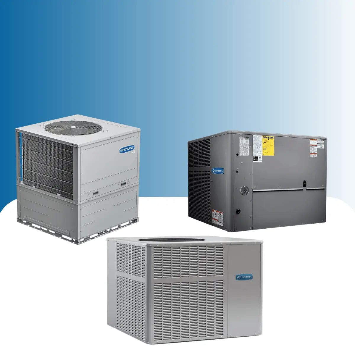 MRCOOL DIY packaged HVAC systems collection featuring all-in-one heating and cooling units with ventilation grilles and top-mounted condenser fans