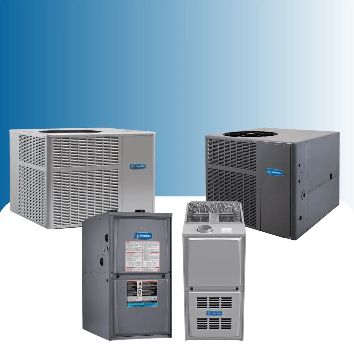 MRCOOL furnaces collection featuring gas furnace units and outdoor HVAC condenser systems for residential heating and cooling