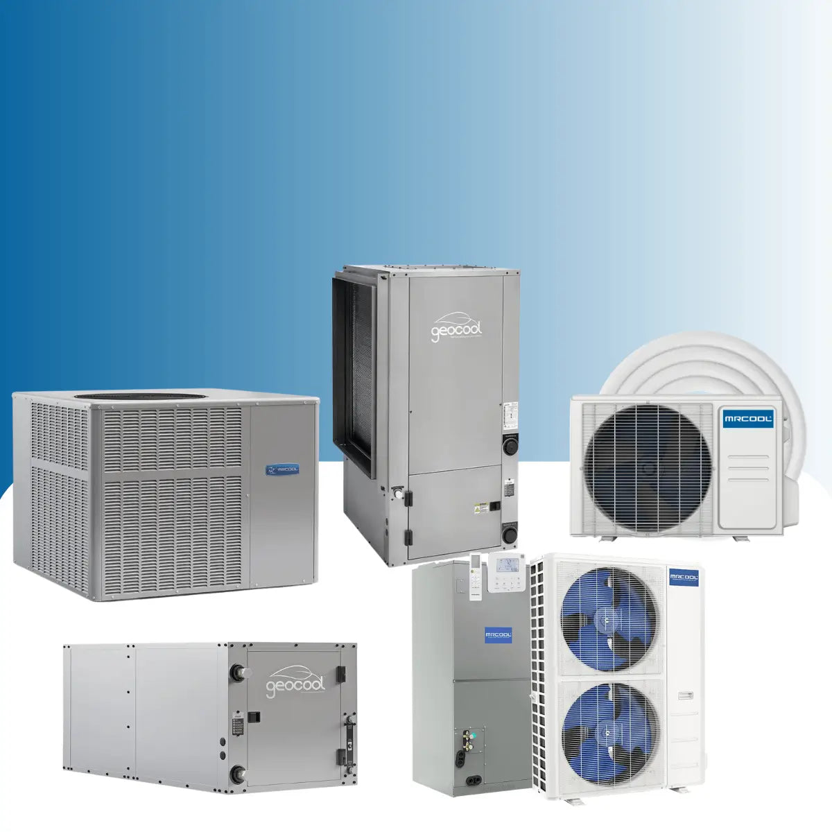 MRCOOL heat pumps collection featuring geothermal HVAC units, outdoor condensers, mini split systems, and air handlers for residential heating and cooling