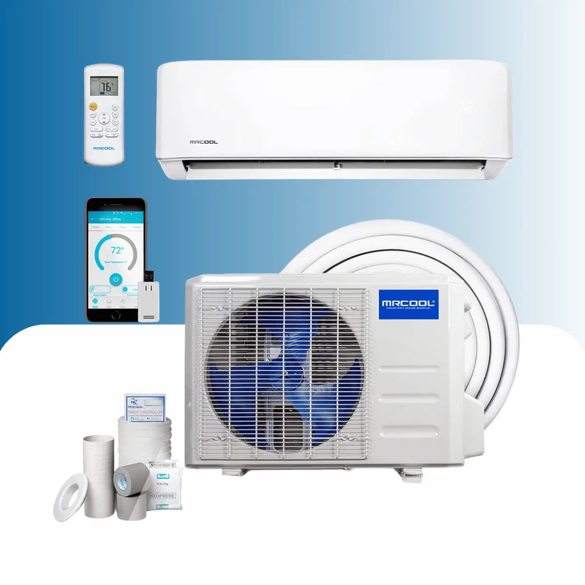 MRCOOL packaged units collection with indoor air handler, outdoor condenser, smart controls, line set, and installation accessories for complete HVAC heating and cooling system.