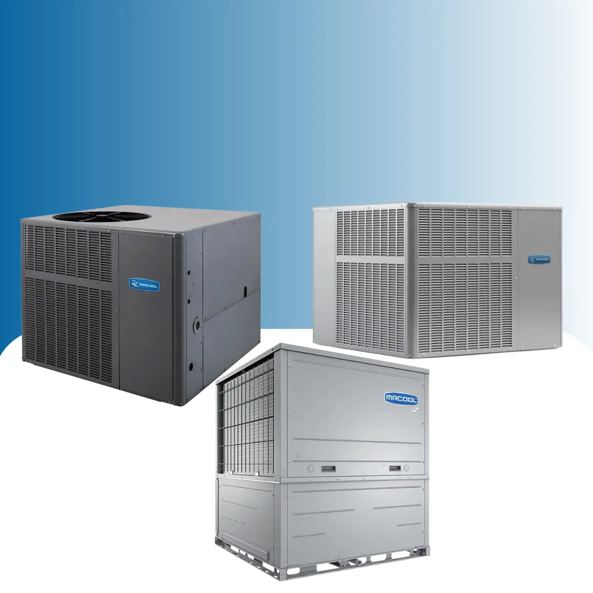MRCOOL packaged HVAC units collection featuring all-in-one outdoor heating and cooling systems with metal ventilation panels and condenser fans