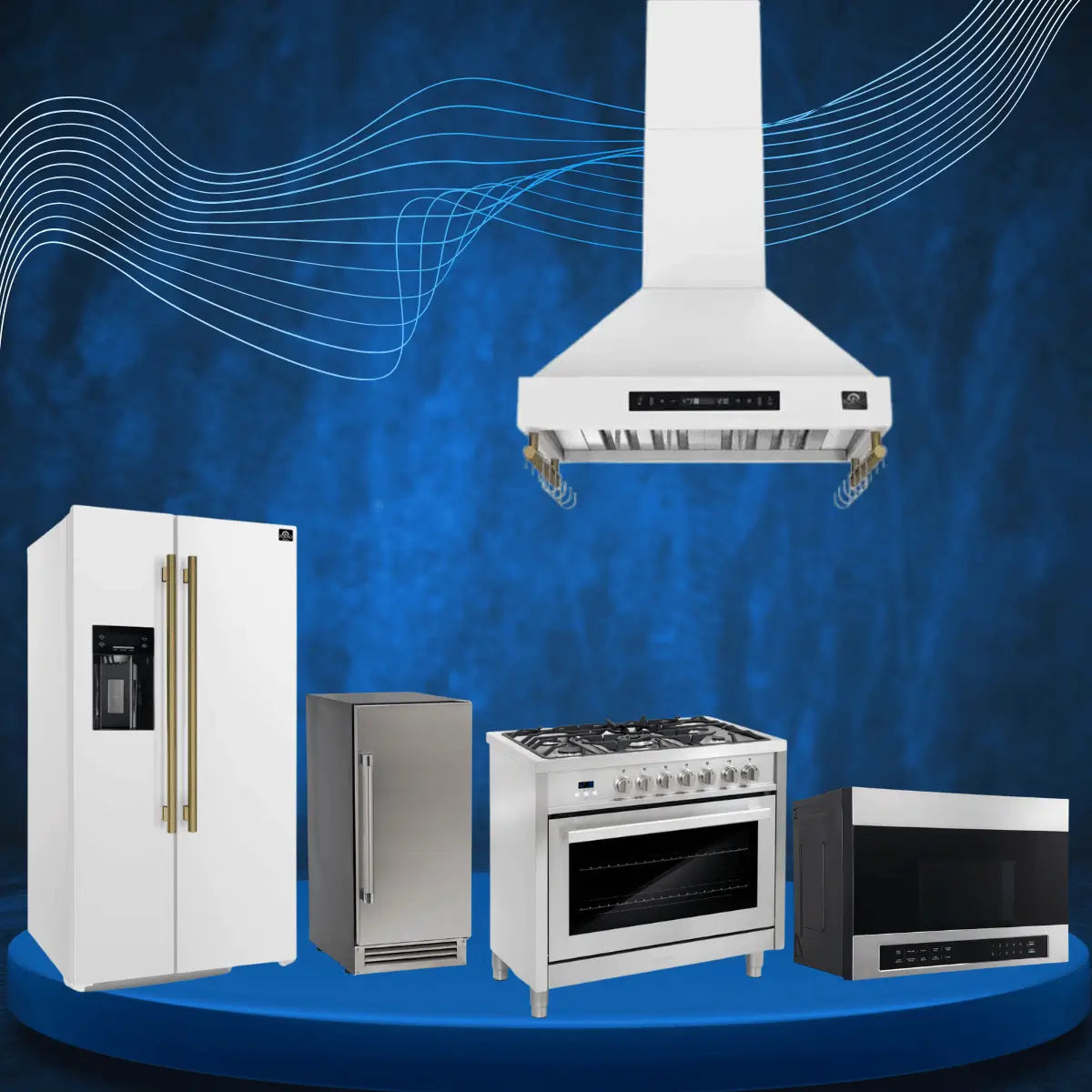Major appliances collection featuring refrigerator, gas range oven, microwave, range hood, and compact fridge in modern white and stainless steel kitchen setup.
