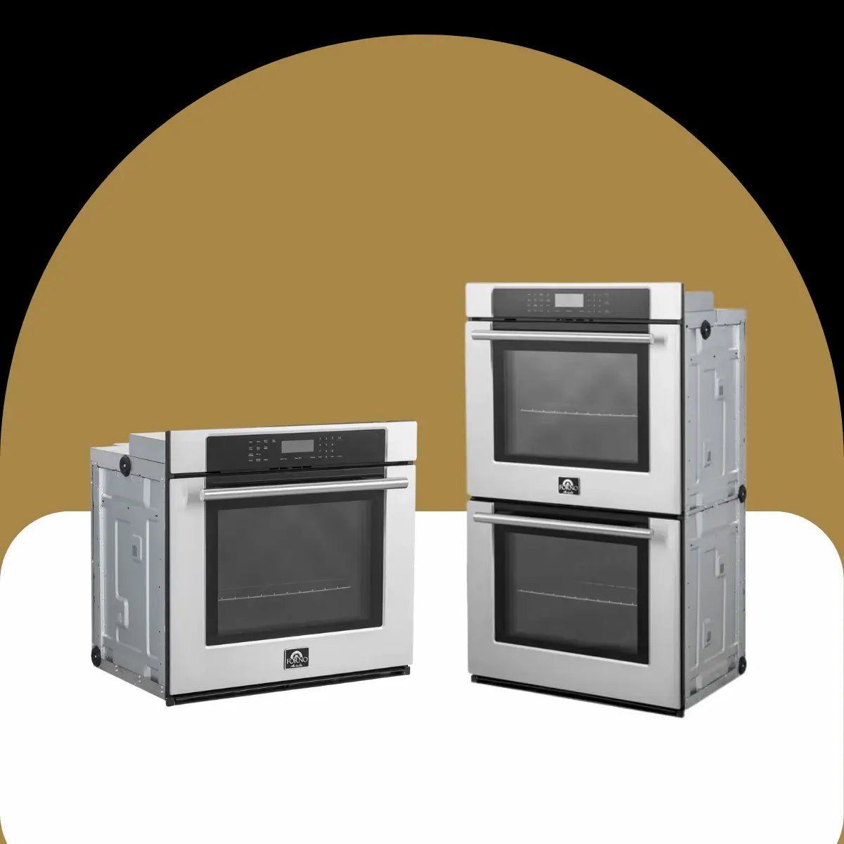 Matte black ovens collection featuring single and double built-in wall ovens with black glass control panels, digital displays, and modern minimalist kitchen design.