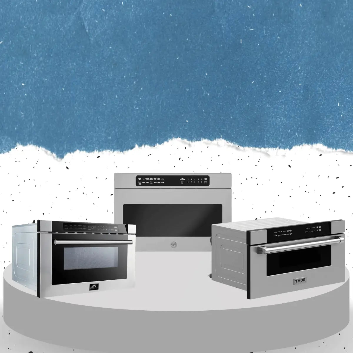 Microwave drawers collection featuring built-in stainless steel drawer-style microwaves with digital controls and sleek modern kitchen design.