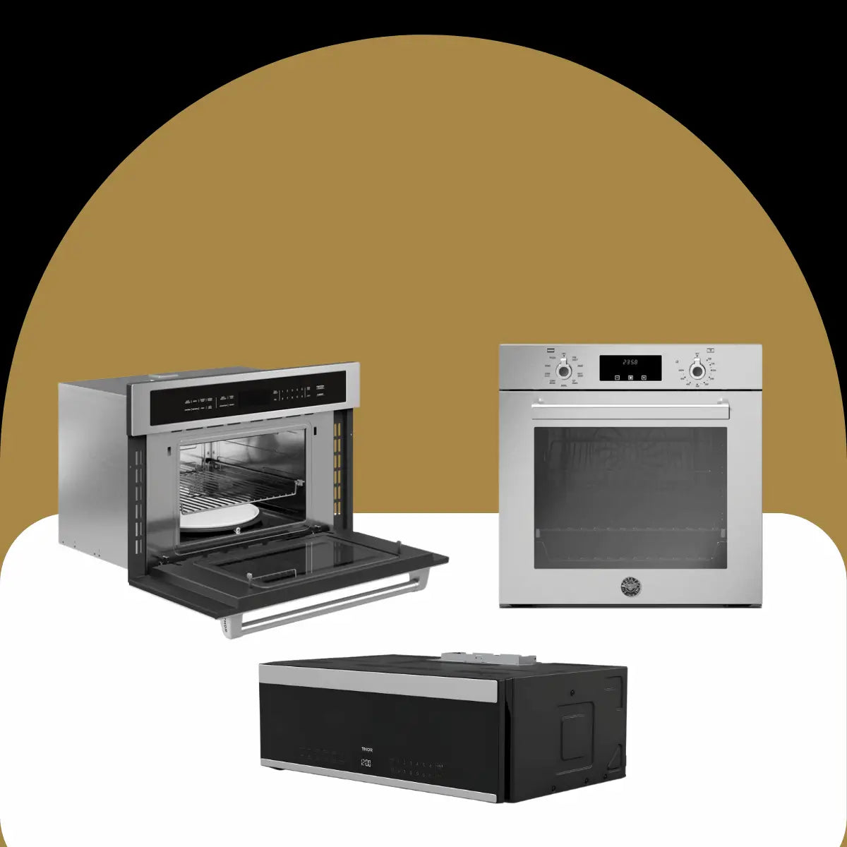 Microwave ovens collection featuring built-in stainless steel and black glass microwave units with digital controls, glass doors, and modern kitchen-ready designs.