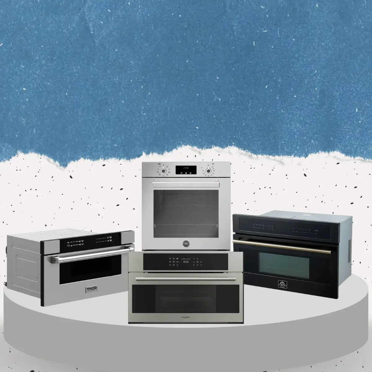 Microwaves collection featuring built-in and countertop microwave ovens in stainless steel and black finishes with modern digital controls.