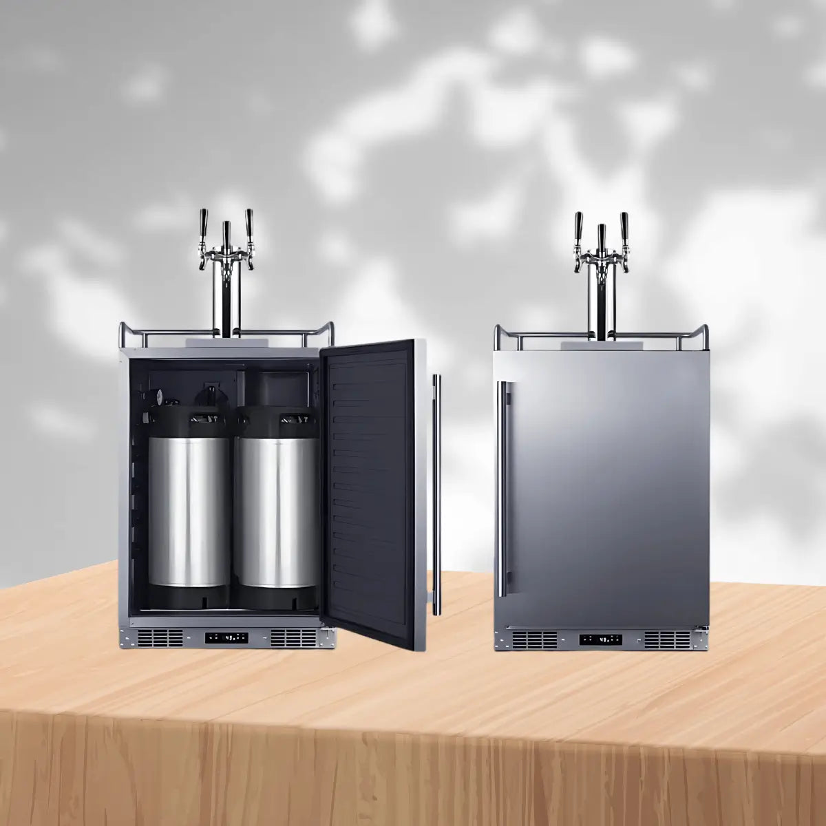 Multiple tap kegerators collection featuring stainless steel draft beer dispensers with multi tap towers and dual keg storage for serving multiple beverages on tap
