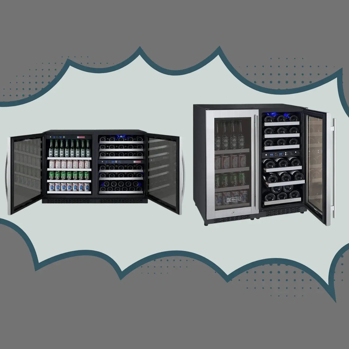 Multiple zone beverage center collection featuring dual-zone drink and wine refrigerators with glass doors and adjustable shelves for home bars and kitchens