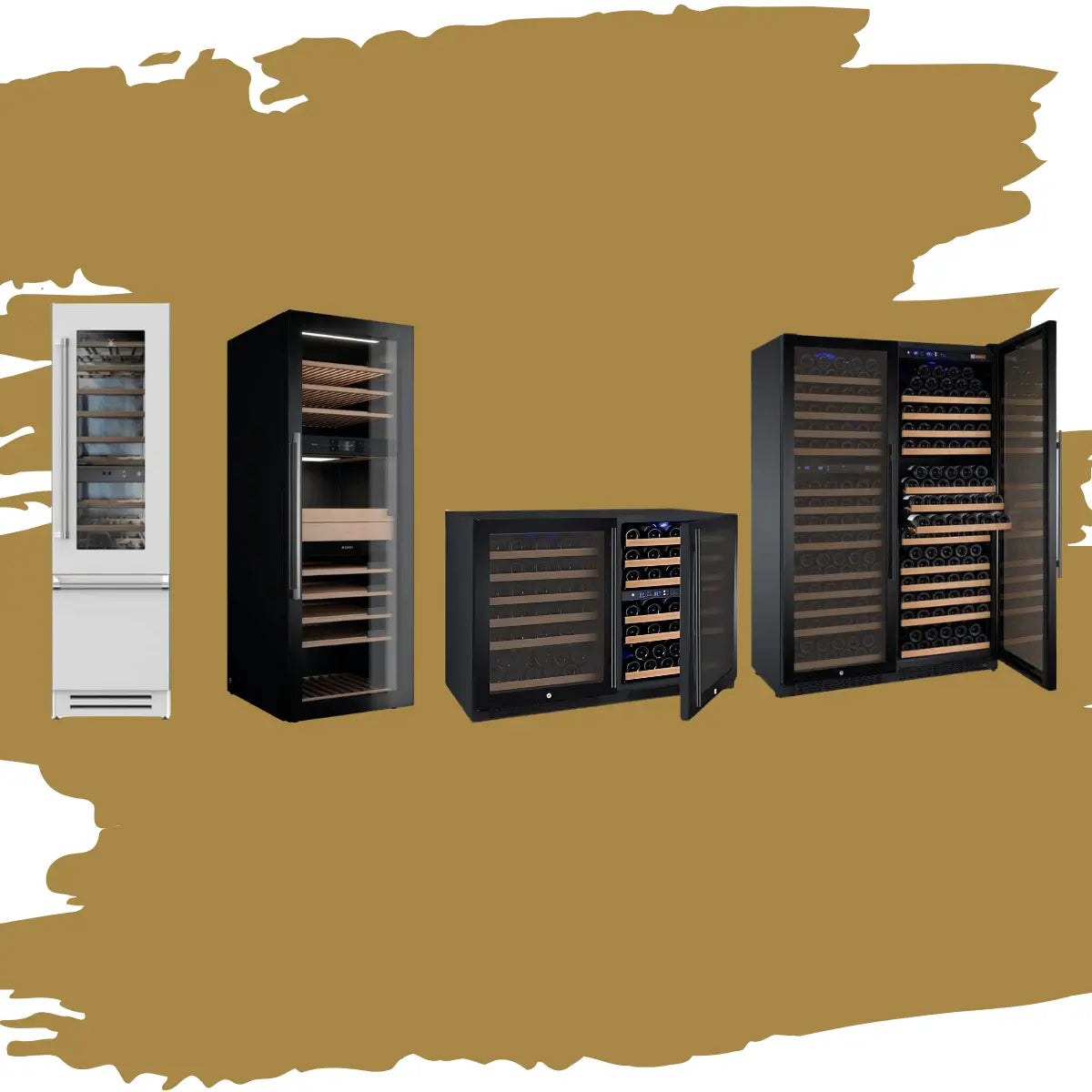 Multiple zone wine coolers collection featuring tall and compact wine refrigerators with dual compartments, glass doors, wooden shelves, and independent temperature zones for red and white wine storage.