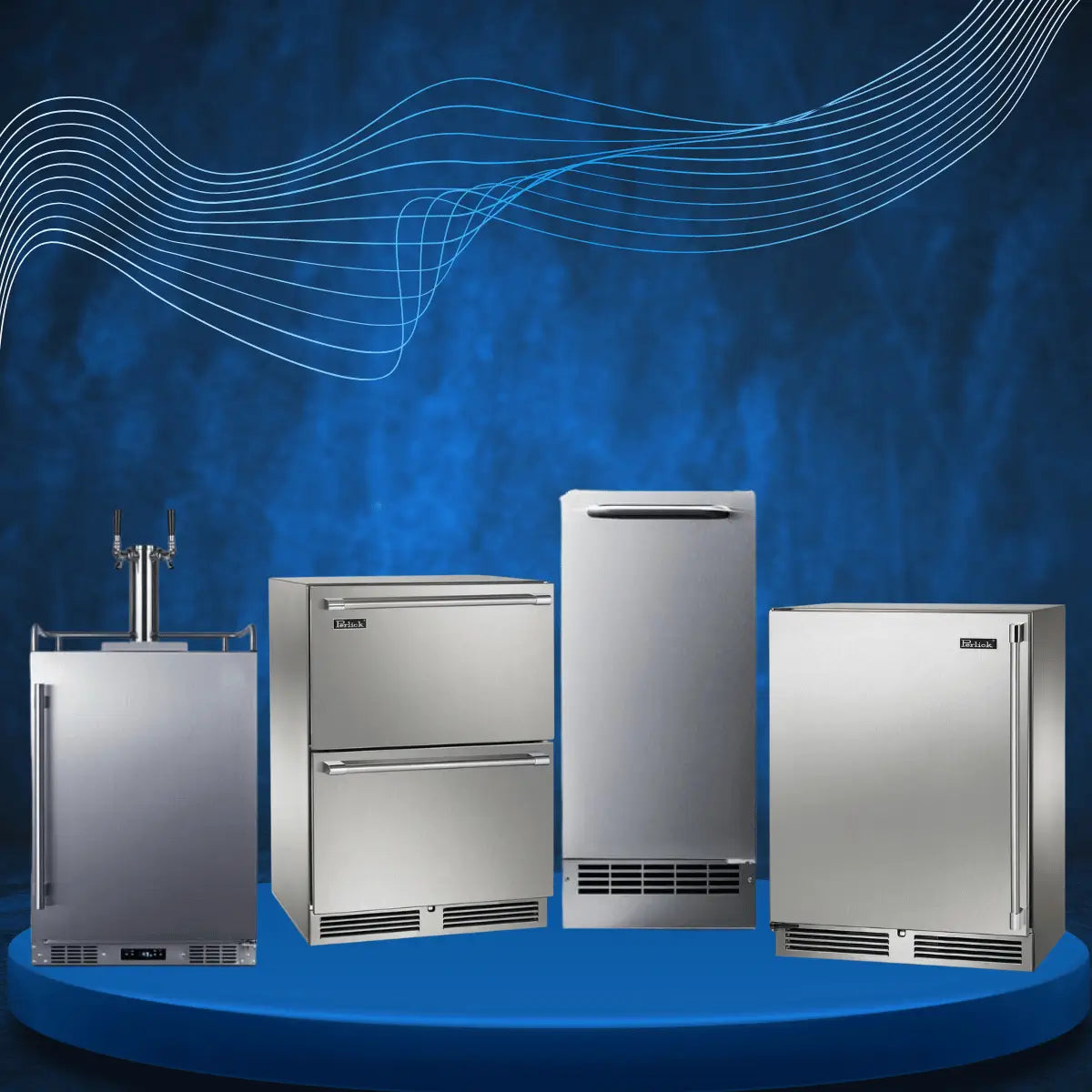 Outdoor appliances collection featuring stainless steel outdoor refrigerators, kegerator with dual taps, beverage cooler, and drawer fridge for outdoor kitchens and patio entertaining.