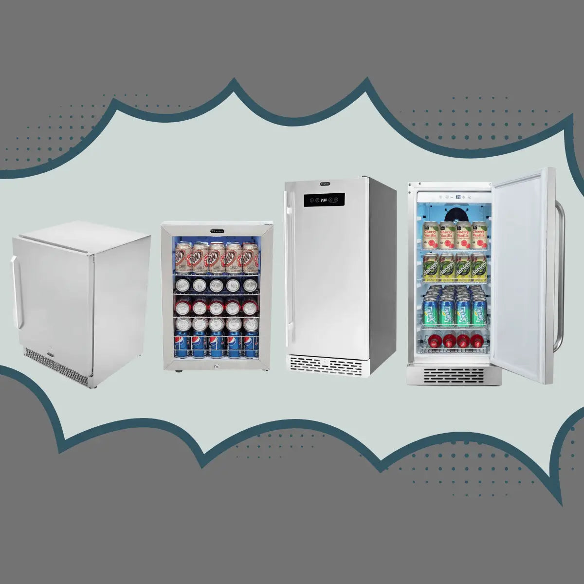 Outdoor beverage center collection featuring stainless steel outdoor drink refrigerators with glass and solid doors for patio kitchens and entertaining spaces