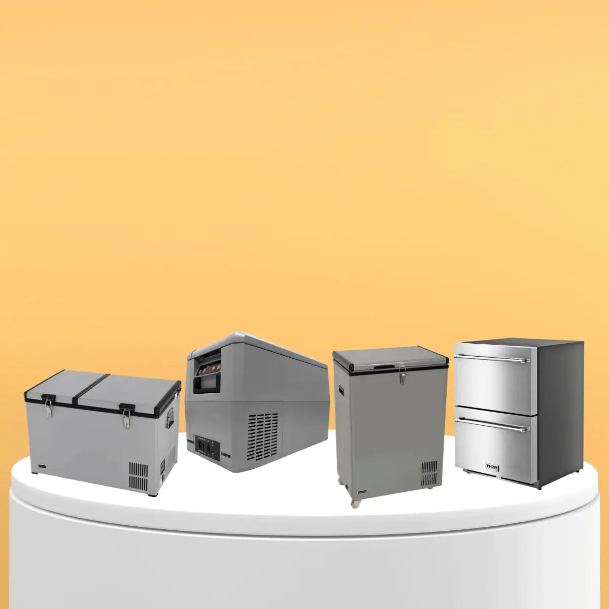 Outdoor freezers collection featuring chest-style portable freezers and stainless steel two-drawer outdoor freezer units designed for patios, garages, and outdoor kitchens.