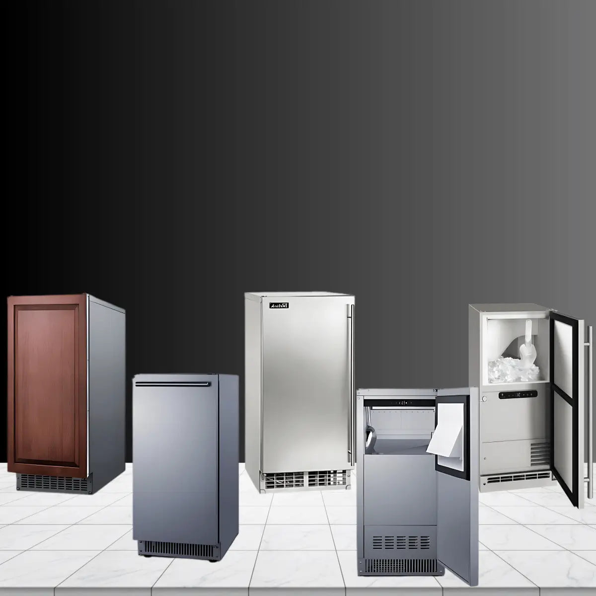 Outdoor ice makers collection featuring stainless steel and panel-ready units with front ventilation, built-in designs, and open ice storage bins for patio and outdoor kitchen use.