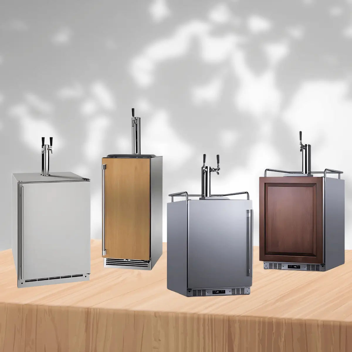 Outdoor kegerators collection featuring stainless steel and wood panel draft beer dispensers with tap towers for outdoor kitchens and patio entertainment areas