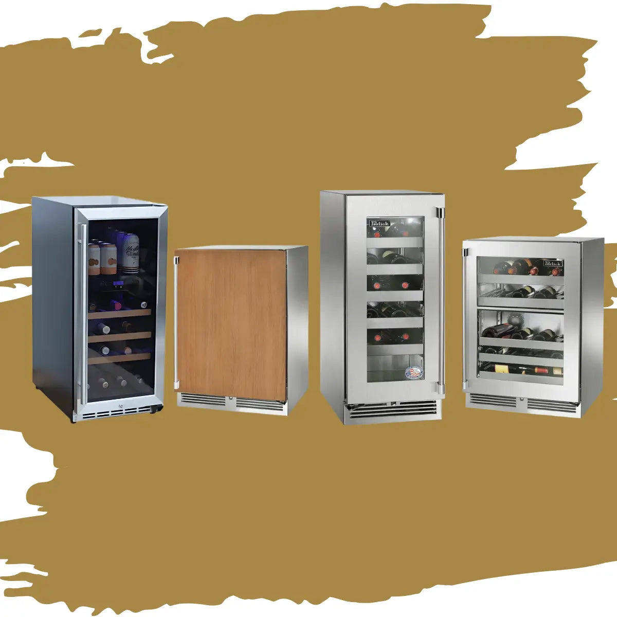 Outdoor wine coolers collection featuring stainless steel and wood-panel glass-door wine refrigerators with LED lighting, durable construction, and weather-resistant designs for patio and outdoor kitchen installation.