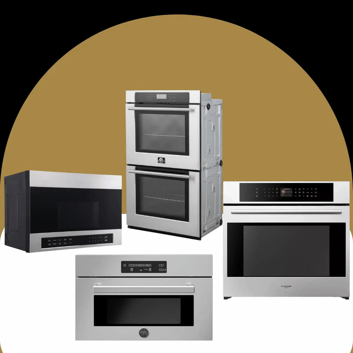 Ovens collection featuring stainless steel double wall oven and built-in oven and microwave combinations with modern digital controls.
