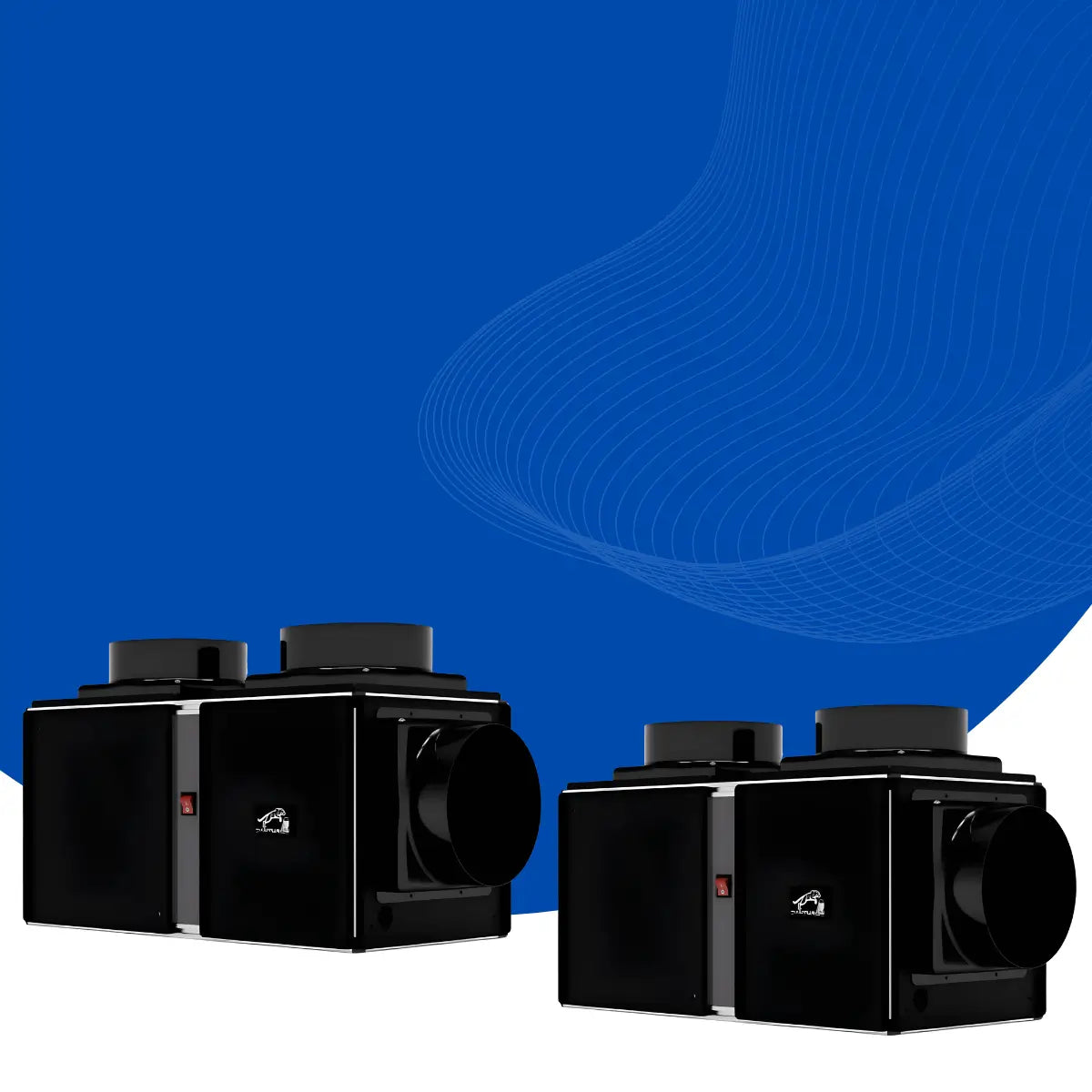 Panthaire wine cellar cooling systems collection with black ducted units and large circular air outlets on a modern blue background