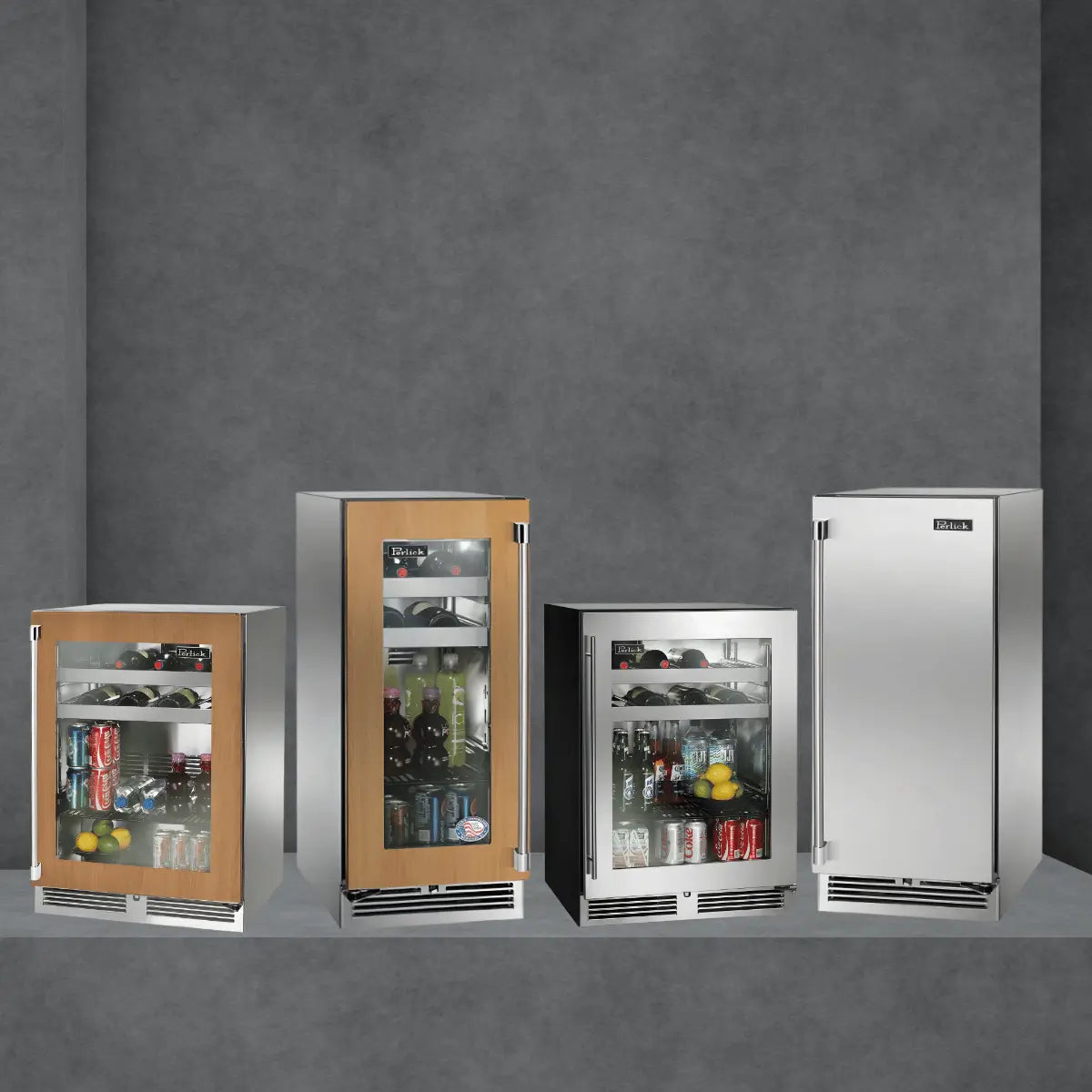 Perlick beverage centers collection featuring stainless steel and glass-door undercounter beverage refrigerators for drinks, soda, and wine storage