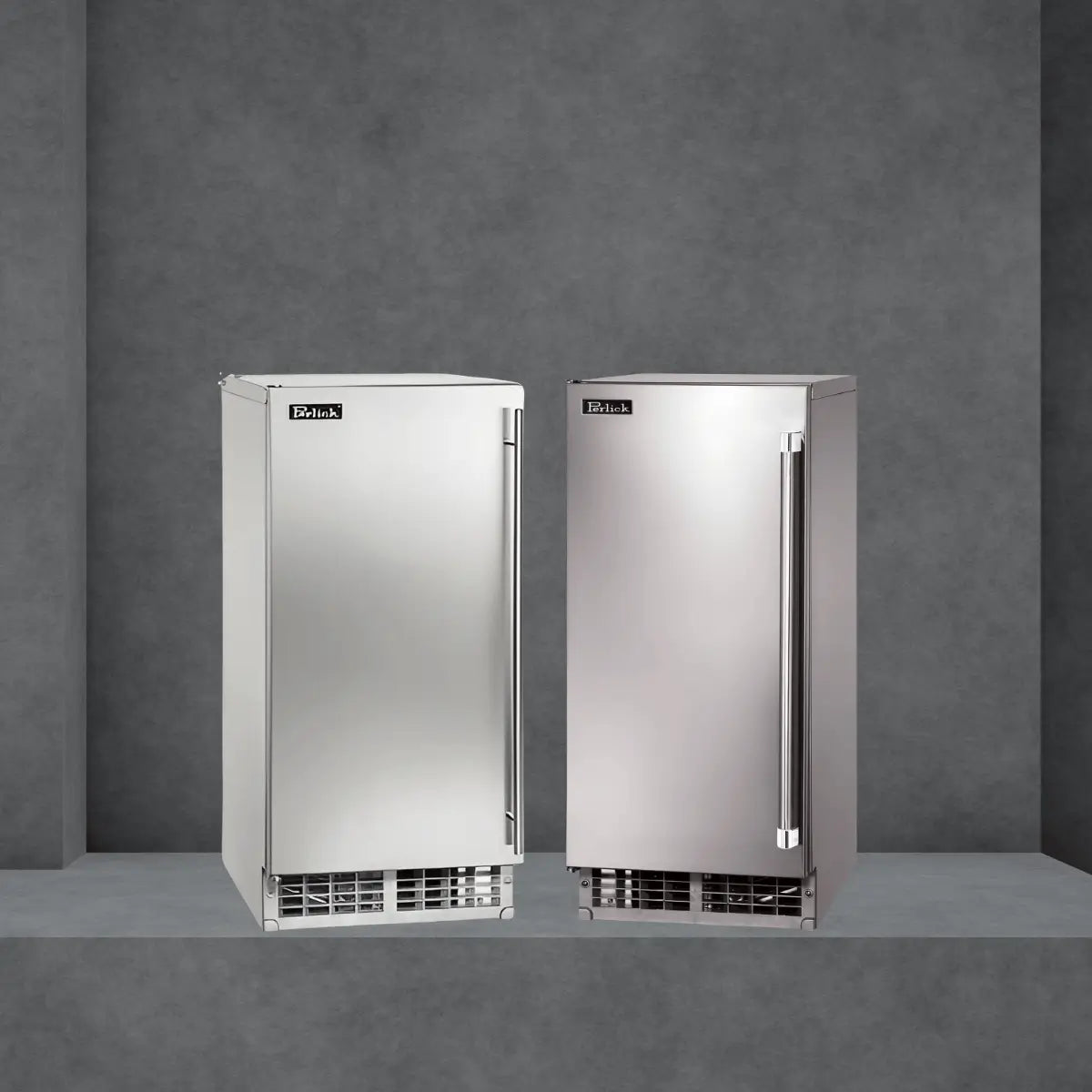 Perlick ice makers collection featuring stainless steel and panel-ready undercounter refrigeration units with glass doors and solid door designs for premium kitchen and bar installations