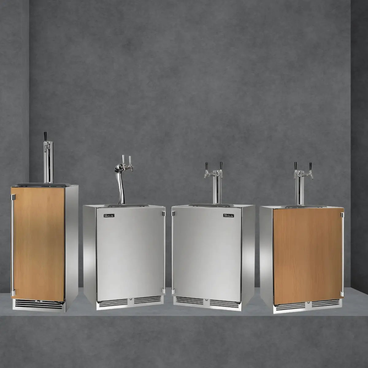 Perlick kegerators collection featuring stainless steel and panel-ready undercounter draft beer refrigerators with single and dual tap beer towers