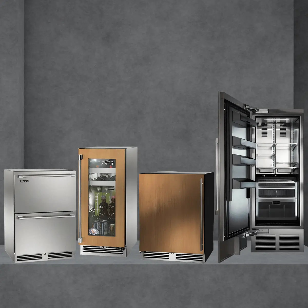 Perlick refrigerators collection featuring stainless steel drawer refrigerators, glass-door beverage refrigerators, panel-ready units, and a full-height refrigerator with open interior shelves