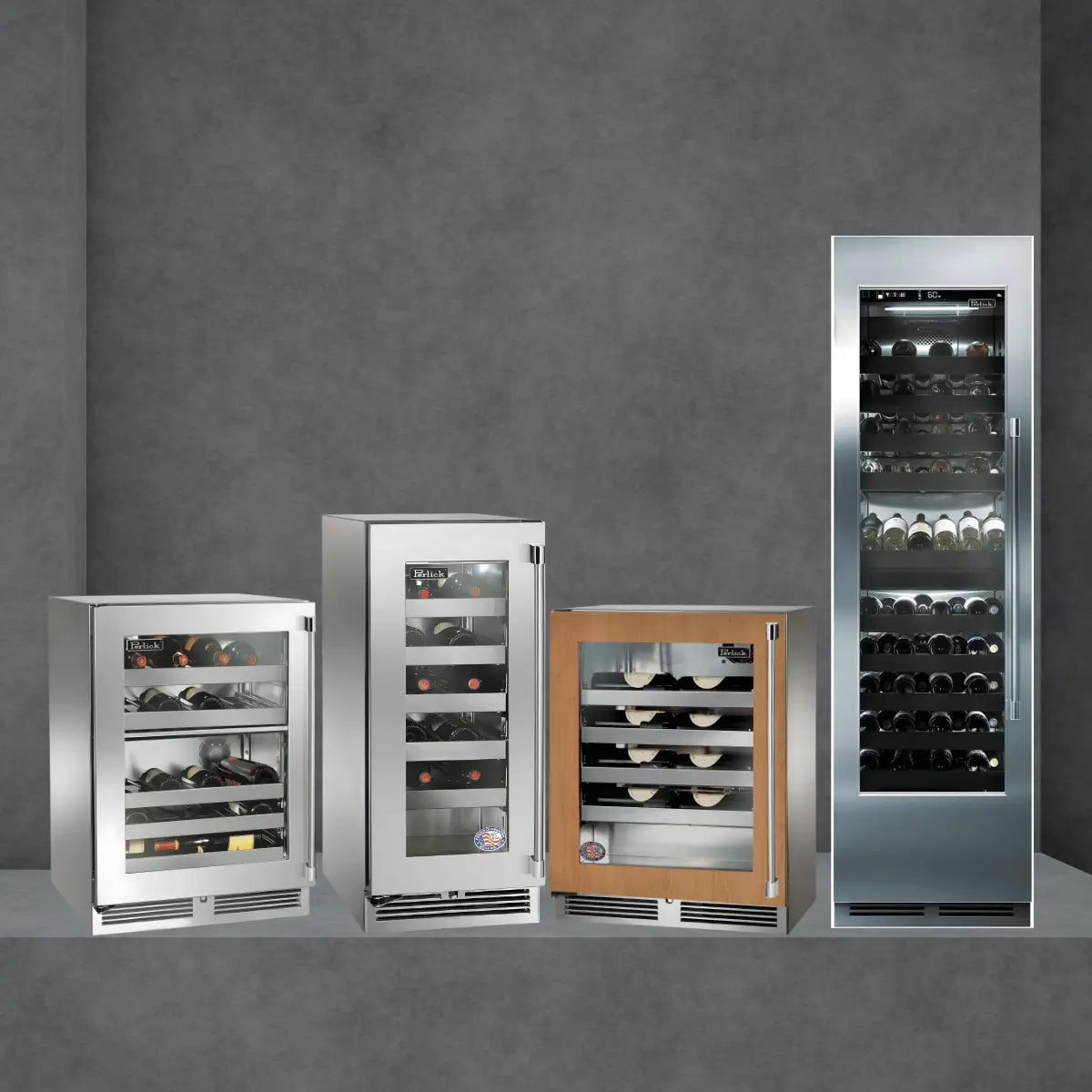 Perlick wine coolers collection featuring stainless steel and panel-ready glass-door wine refrigerators with interior racks for bottle storage