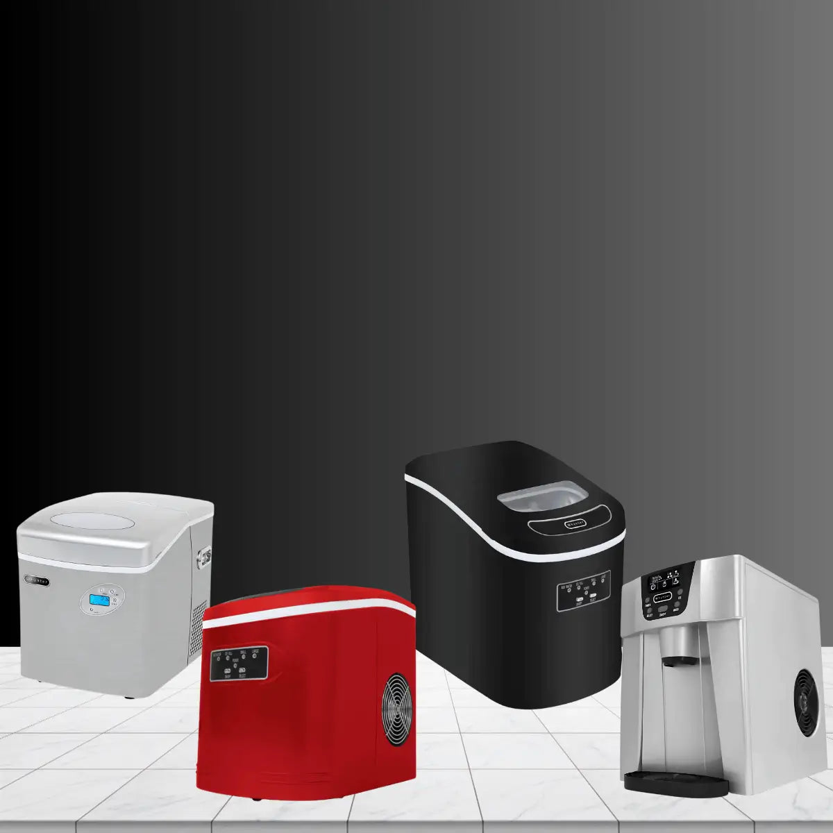Portable countertop ice makers collection featuring white, red, black, and silver compact ice machines with digital controls and water dispenser options for home and office use.