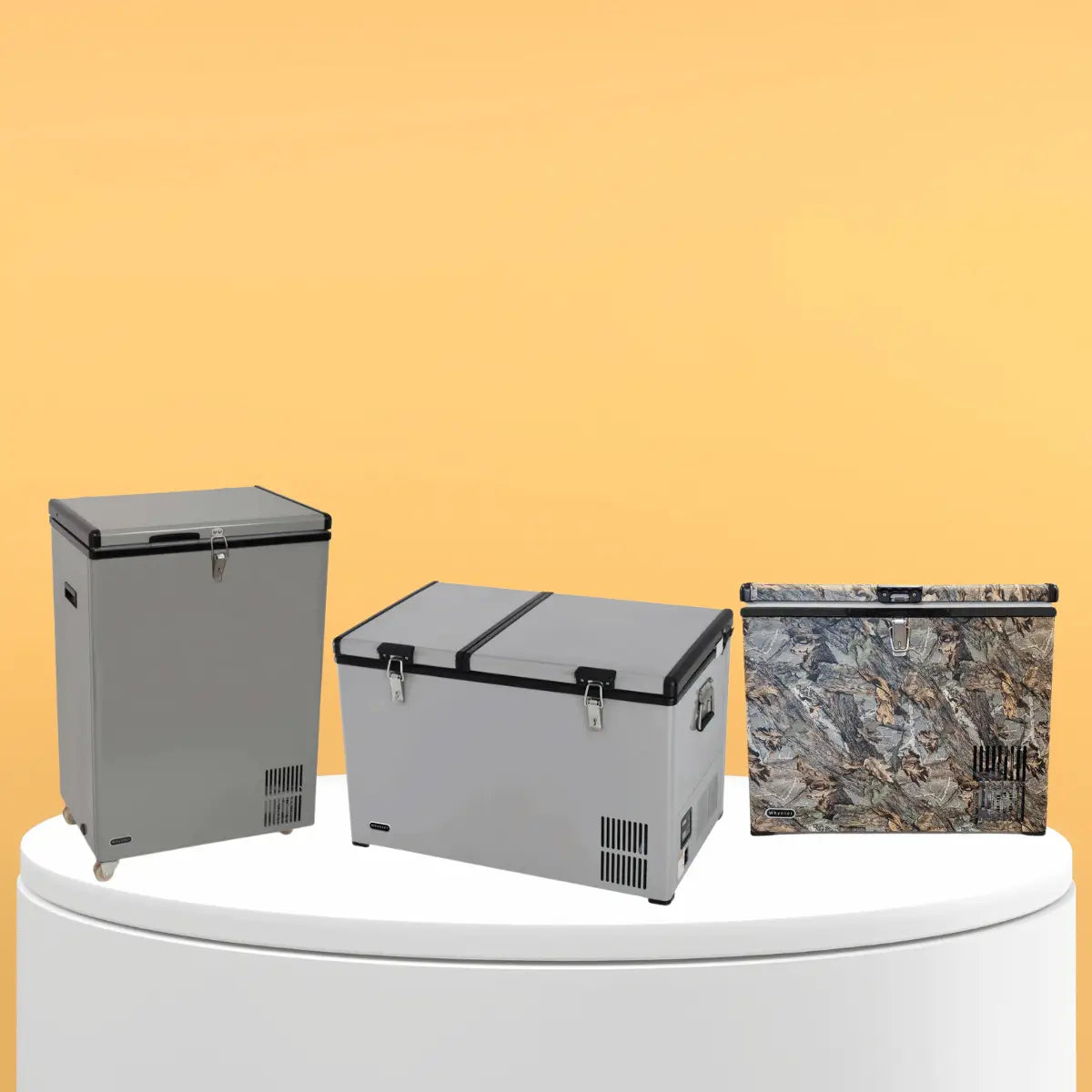 Portable freezers collection featuring upright freezer units and compact stainless steel drawer freezer designed for flexible residential storage solutions.
