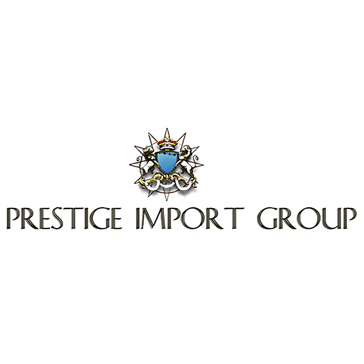 Prestige Import Group logo with ornate crest and blue shield above elegant uppercase serif text on a light gray background.