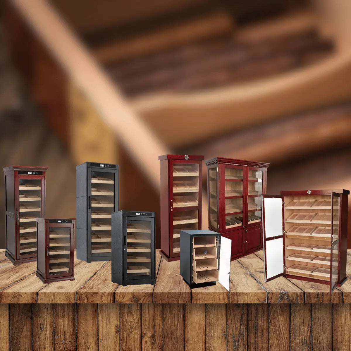 Prestige Import Group cigar humidor cabinets collection featuring glass door cedar-lined cigar storage cabinets in red wood and black finishes displayed on wooden tabletop