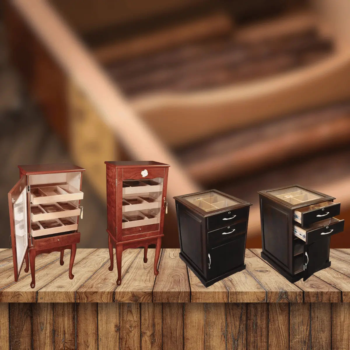 Prestige Import Group cigar humidor tables collection featuring wooden humidor cabinets with glass doors, drawers, and cedar-lined cigar storage compartments