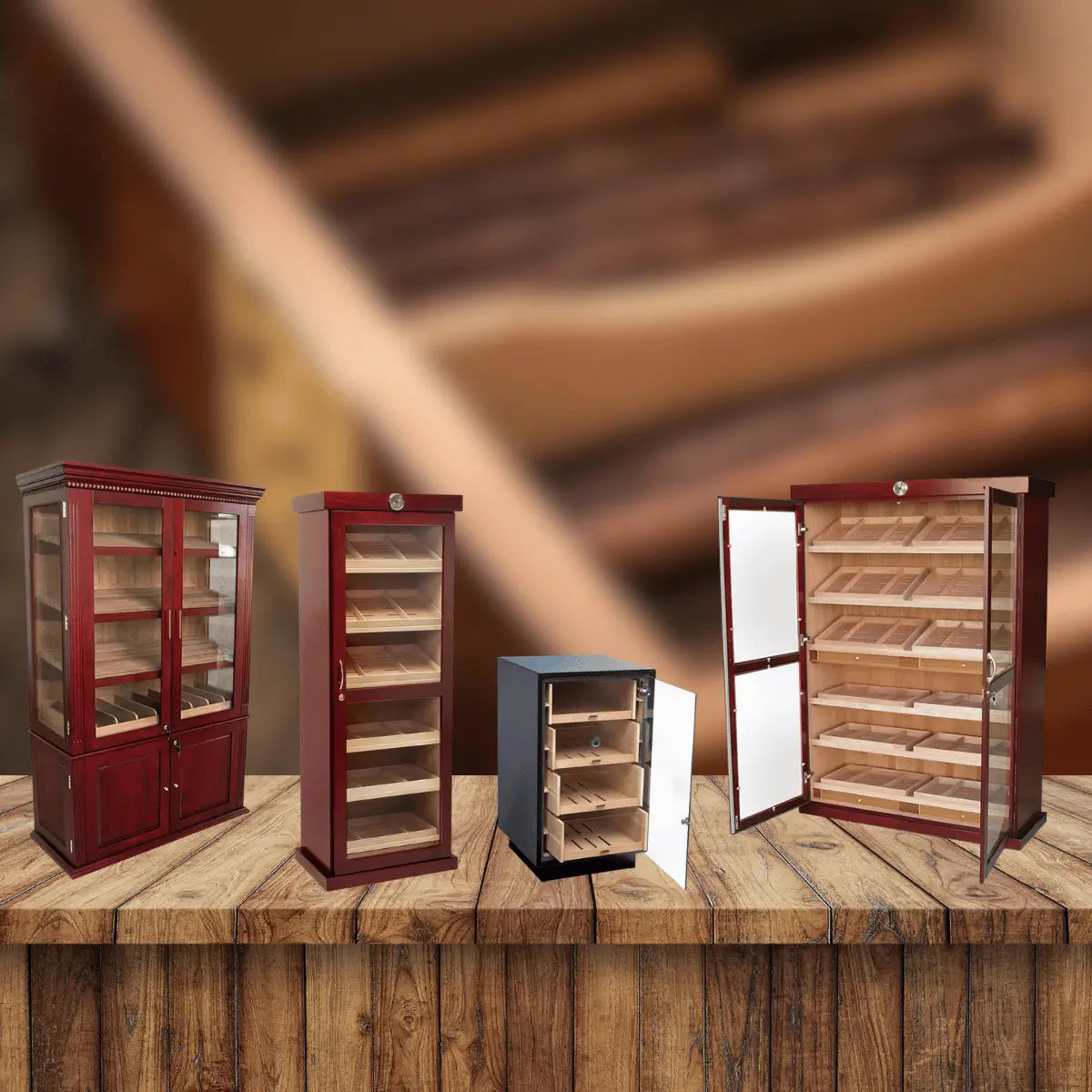 Prestige Import Group cigar humidors collection featuring glass door cabinet humidors and cedar-lined cigar storage cabinets displayed on a wooden tabletop
