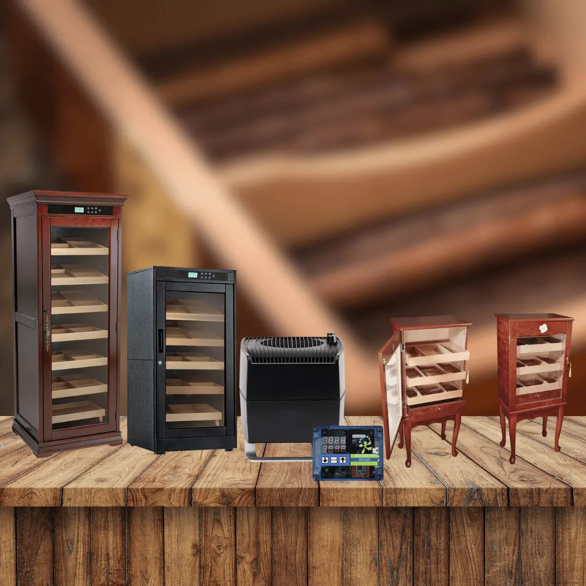 Prestige Import Group indoor cigar humidors collection featuring cabinet humidors, glass door cigar cabinets, and electronic humidification system on wooden tabletop