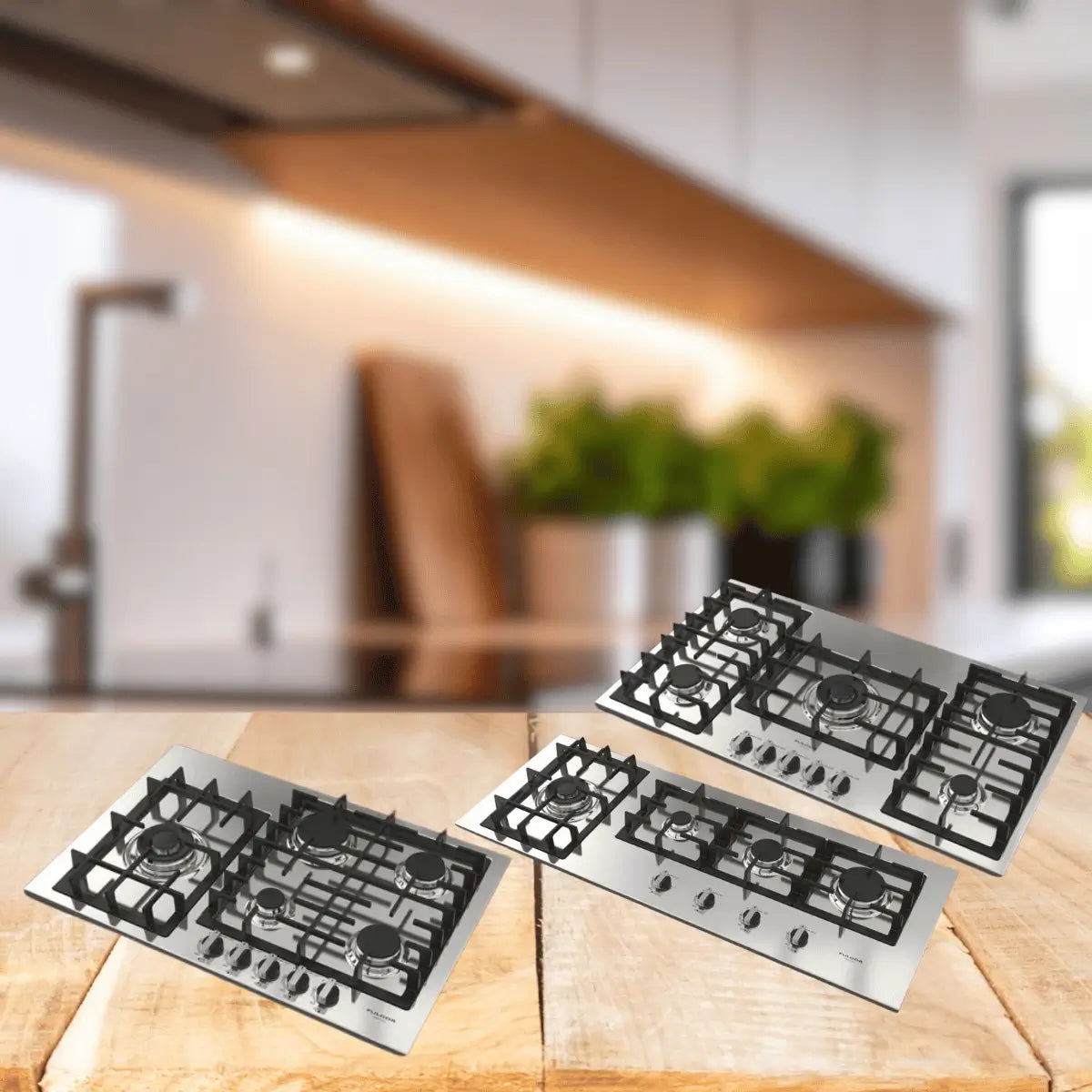 Propane cooktops collection featuring stainless steel propane gas cooktops with multiple burners, cast iron grates, and front control knobs for modern kitchens