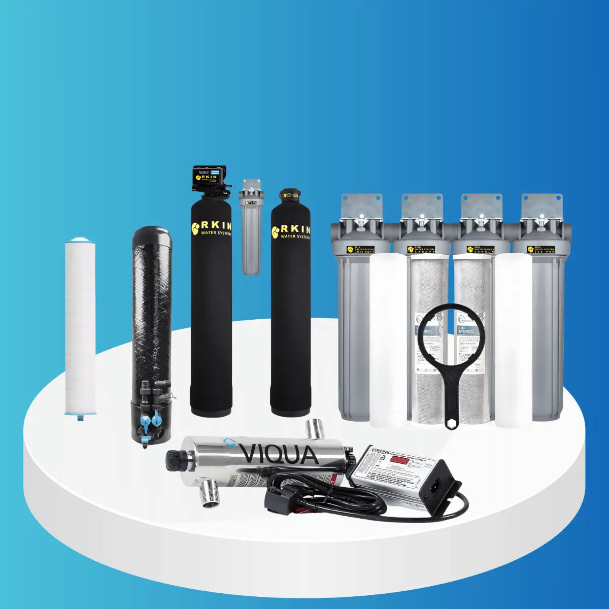 RKIN City Water Systems collection featuring whole-house water filtration tanks, multi-stage filter housings, replacement cartridges, and a VIQUA UV sterilization unit on a white platform with blue background.