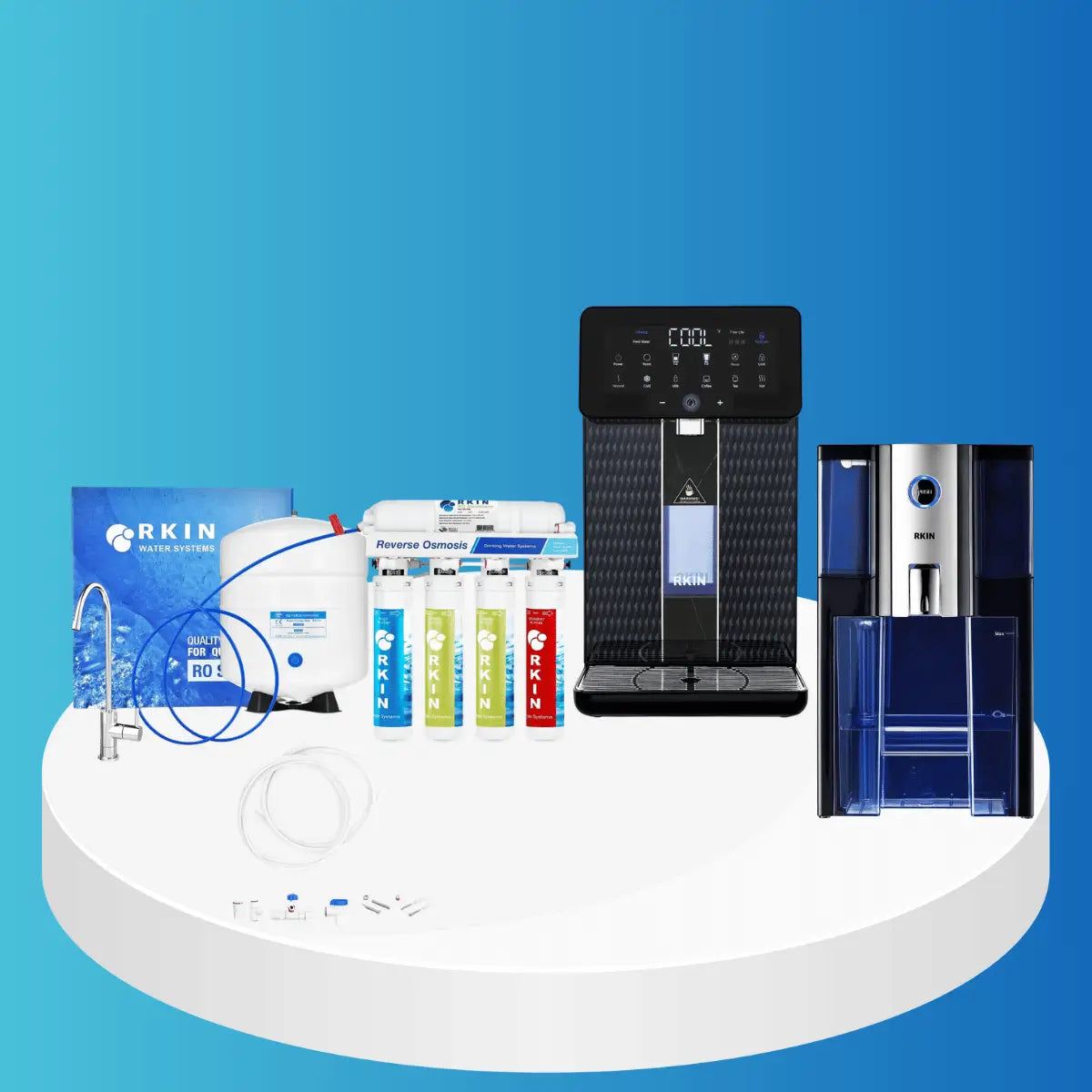 RKIN Drinking Water Filters collection featuring reverse osmosis system with tank and cartridges, digital countertop water dispenser, and compact home water purifier on white platform with blue background.