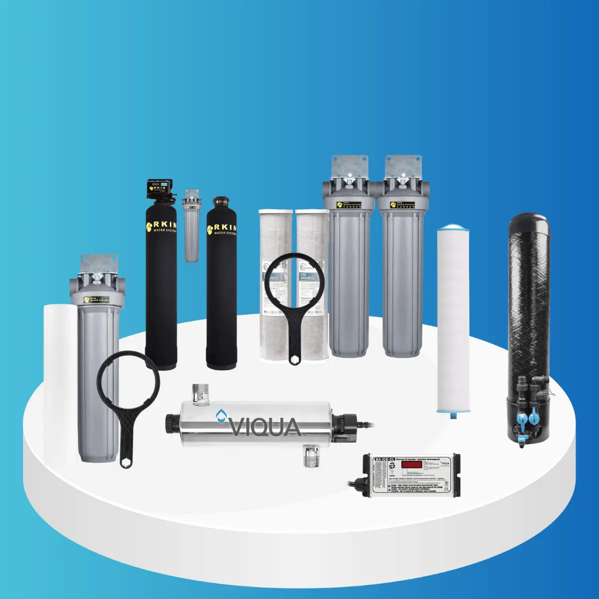 RKIN Water Filter Systems collection featuring whole house mineral tanks, multi-stage filter housings, sediment and carbon cartridges, UV sterilizer system, and filter tools displayed on white platform with blue background.