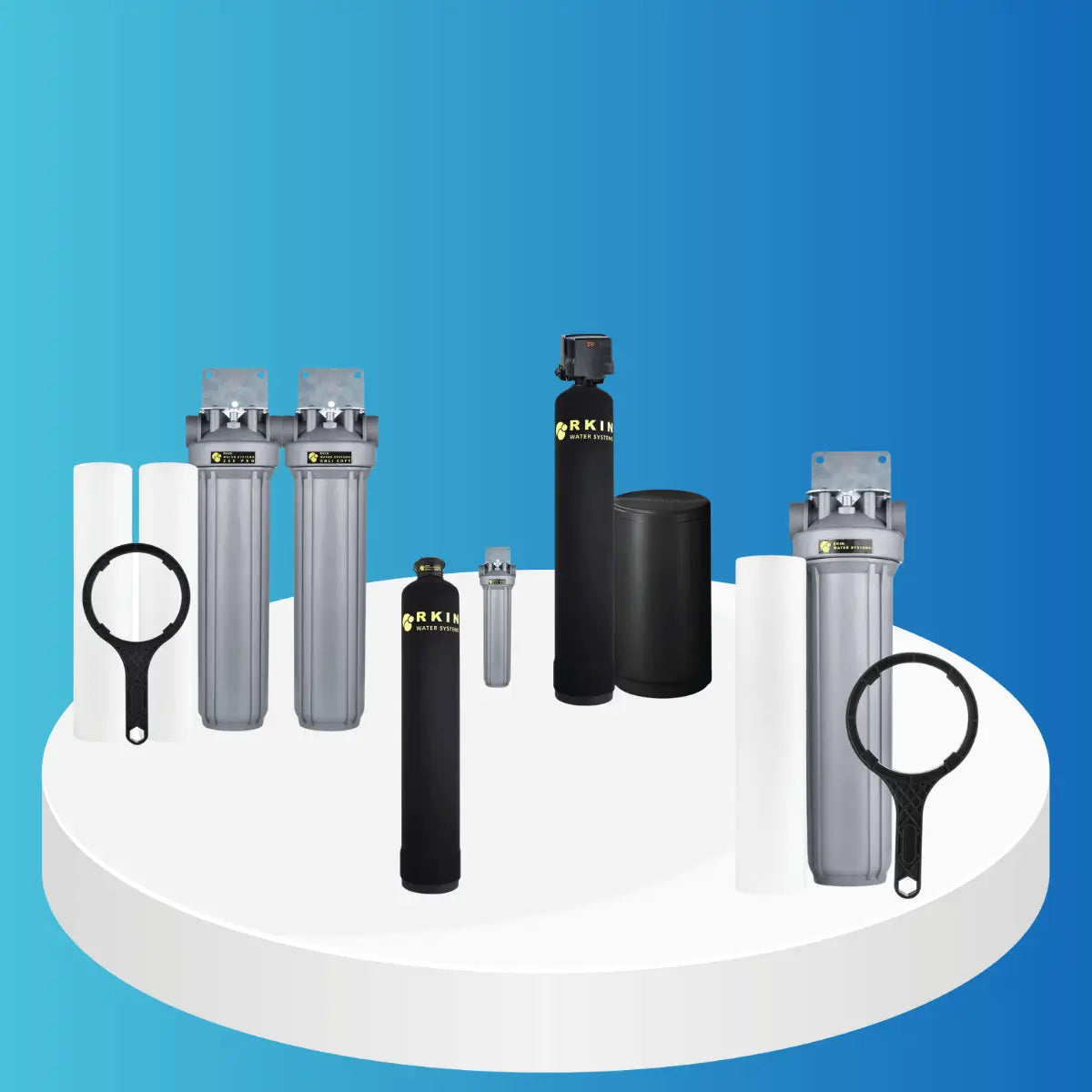 RKIN Water Softeners collection featuring whole-house softener tanks, dual filter housings, replacement cartridges, pre-filter unit, and installation tools on white platform with blue background.