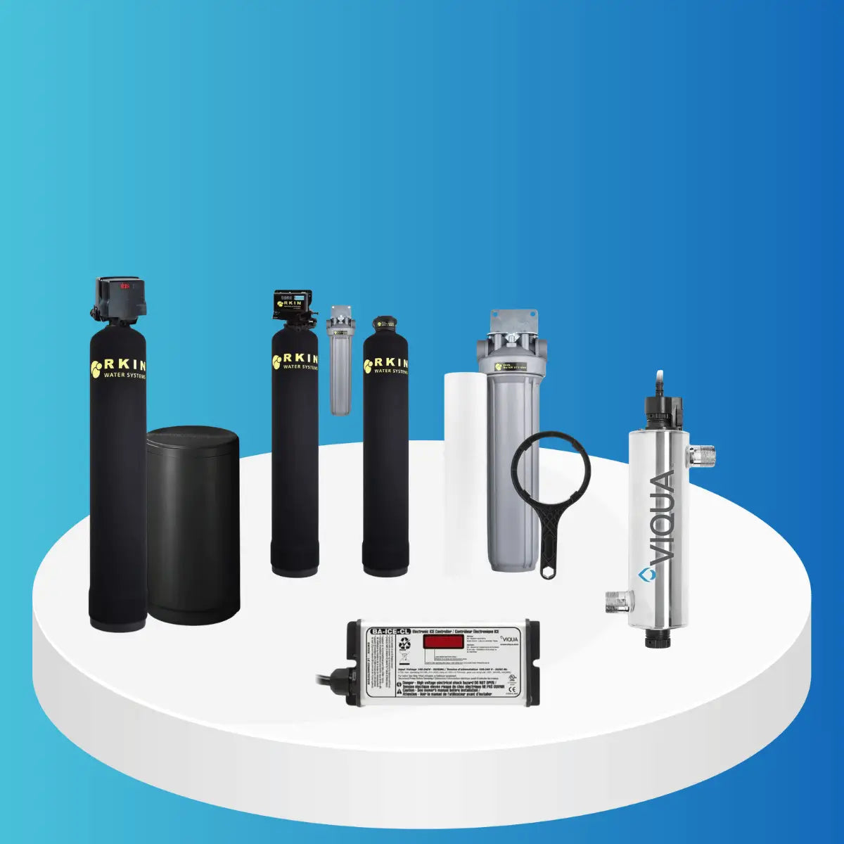 RKIN Well Water Systems collection featuring whole-house mineral tanks, brine tank, filter housings, sediment cartridges, UV sterilizer system, and control module on white platform with blue background.